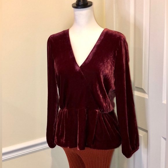 J. CREW Velvet Faux Wrap V-Neck Peplum Hem Long Sleeve Wine Blouse Sz 10 NWT - Picture 10 of 15